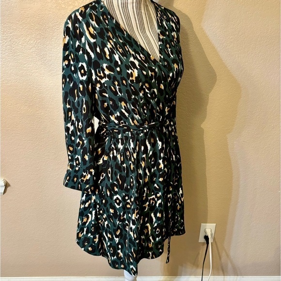 Express Dress Small Olive Green Animal Print Black Mustard Cream Mini Faux Wrap - Picture 5 of 15